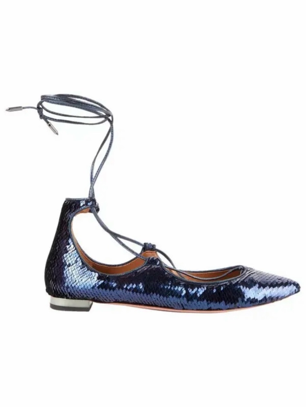 Aquazzura ‘Christy’ Lace-Up Pointed Toe Flats in Blue Sequins Size 6